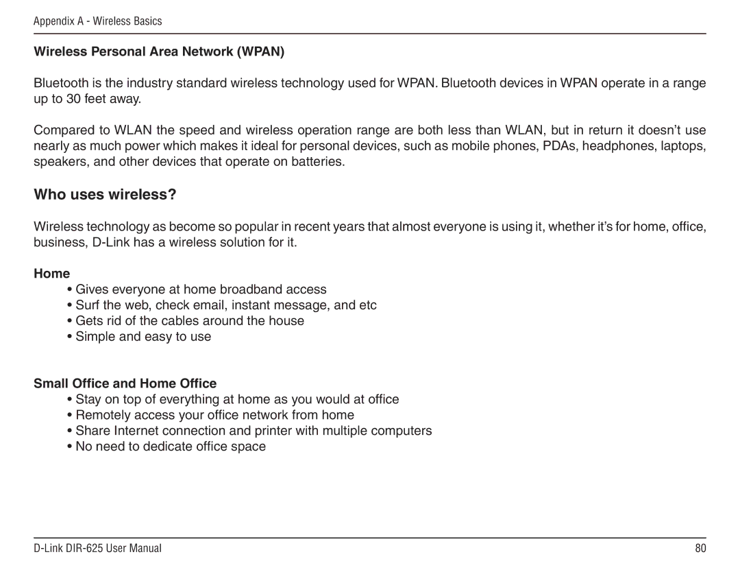 D-Link DIR-625 manual Wireless Personal Area Network Wpan, Small Office and Home Office 