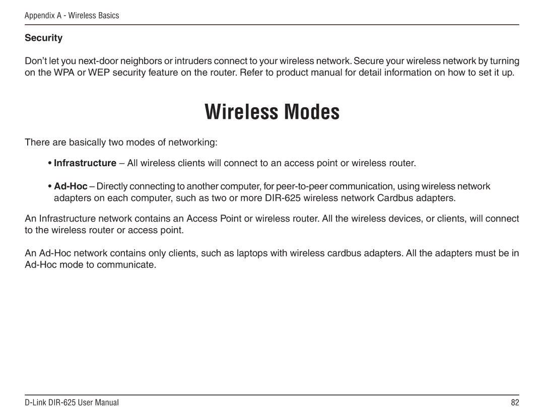 D-Link DIR-625 manual Wireless Modes, Security 