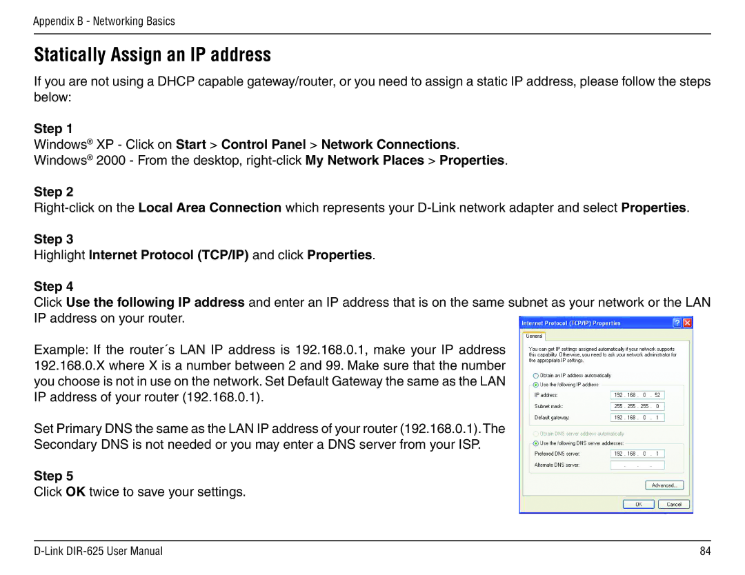 D-Link DIR-625 manual Step Highlight Internet Protocol TCP/IP and click Properties 