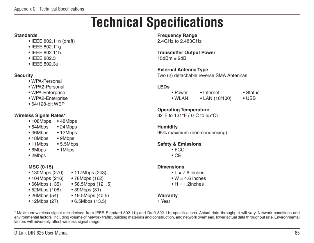 D-Link DIR-625 manual Technical Specifications, MSC Dimensions 