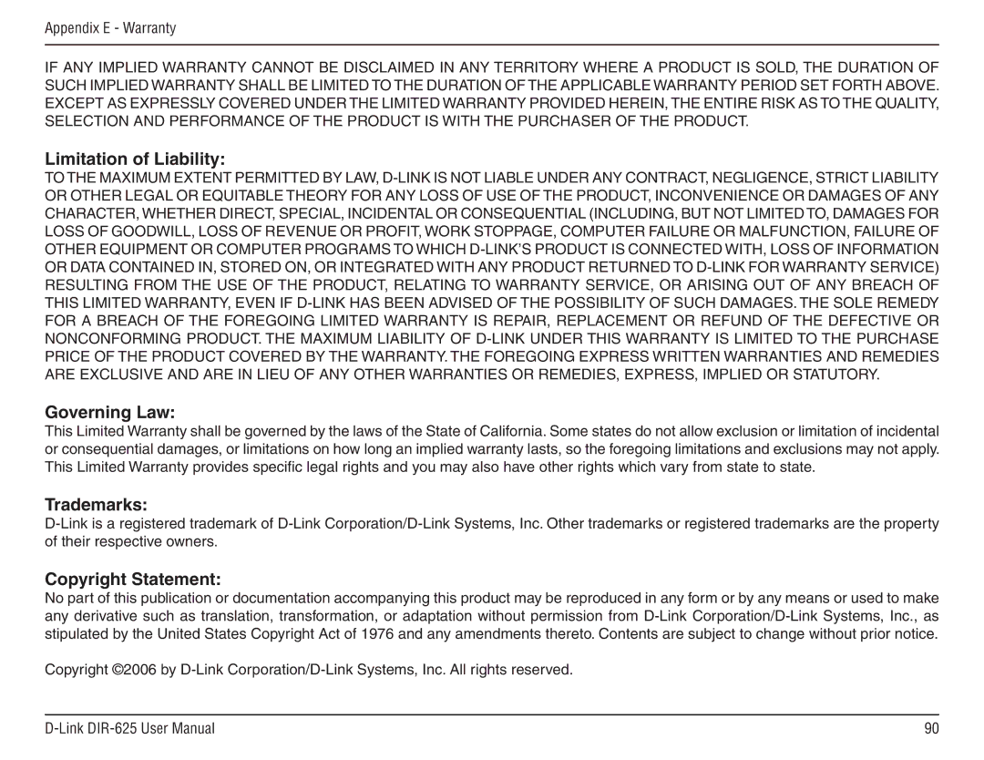 D-Link DIR-625 manual Limitation of Liability, Governing Law, Trademarks, Copyright Statement 