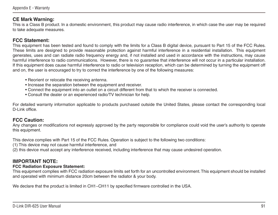 D-Link DIR-625 manual CE Mark Warning, FCC Statement, FCC Caution 