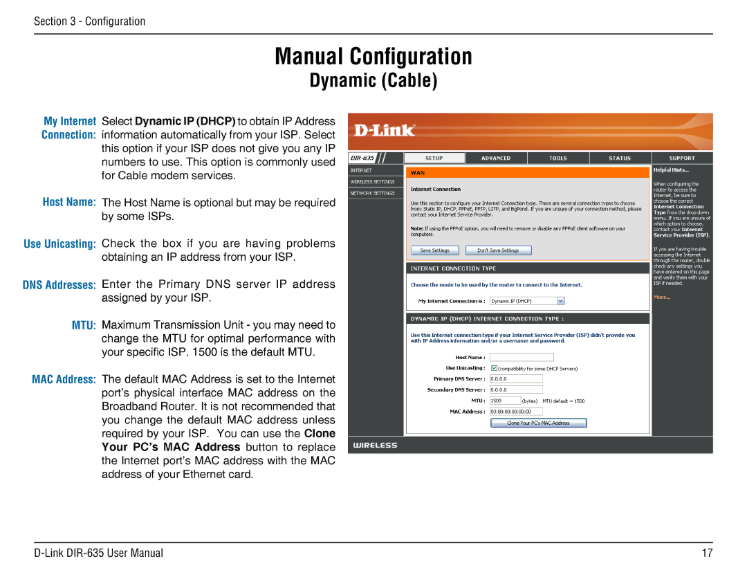 D-Link DIR-635 manual Manual Configuration, Dynamic Cable 