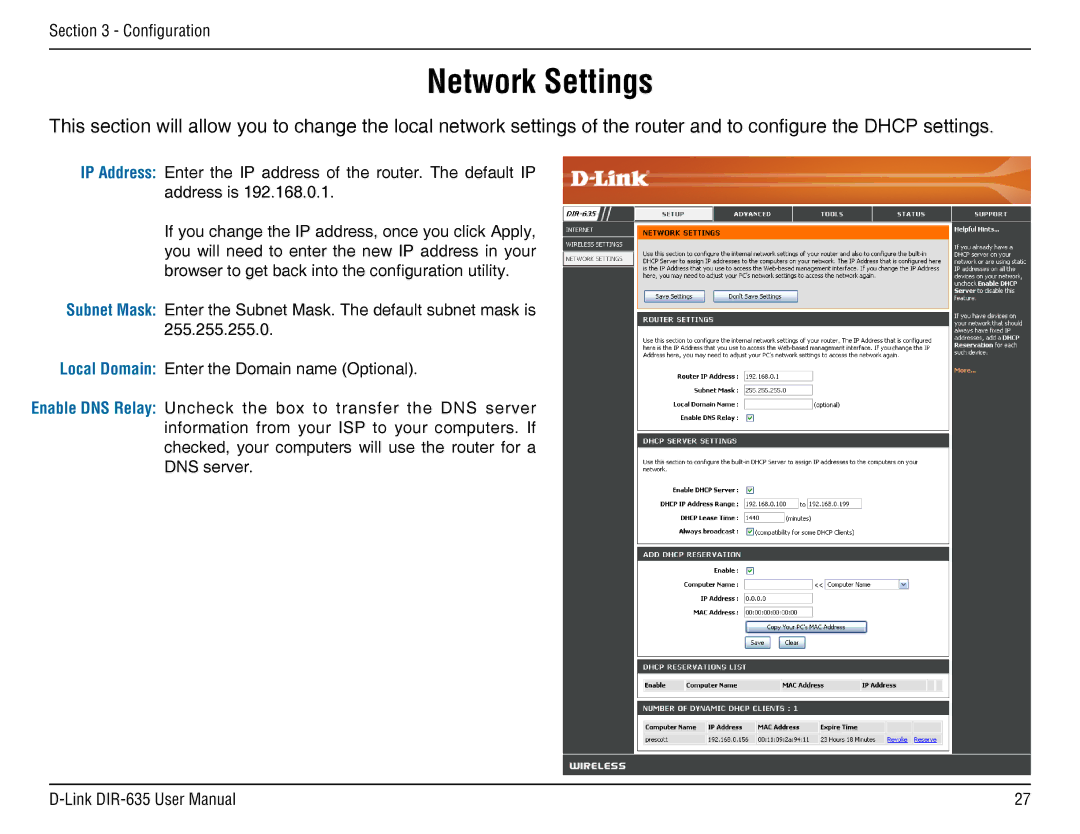 D-Link DIR-635 manual Network Settings 