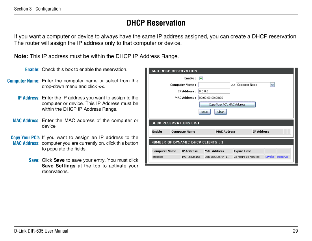 D-Link DIR-635 manual Dhcp Reservation 