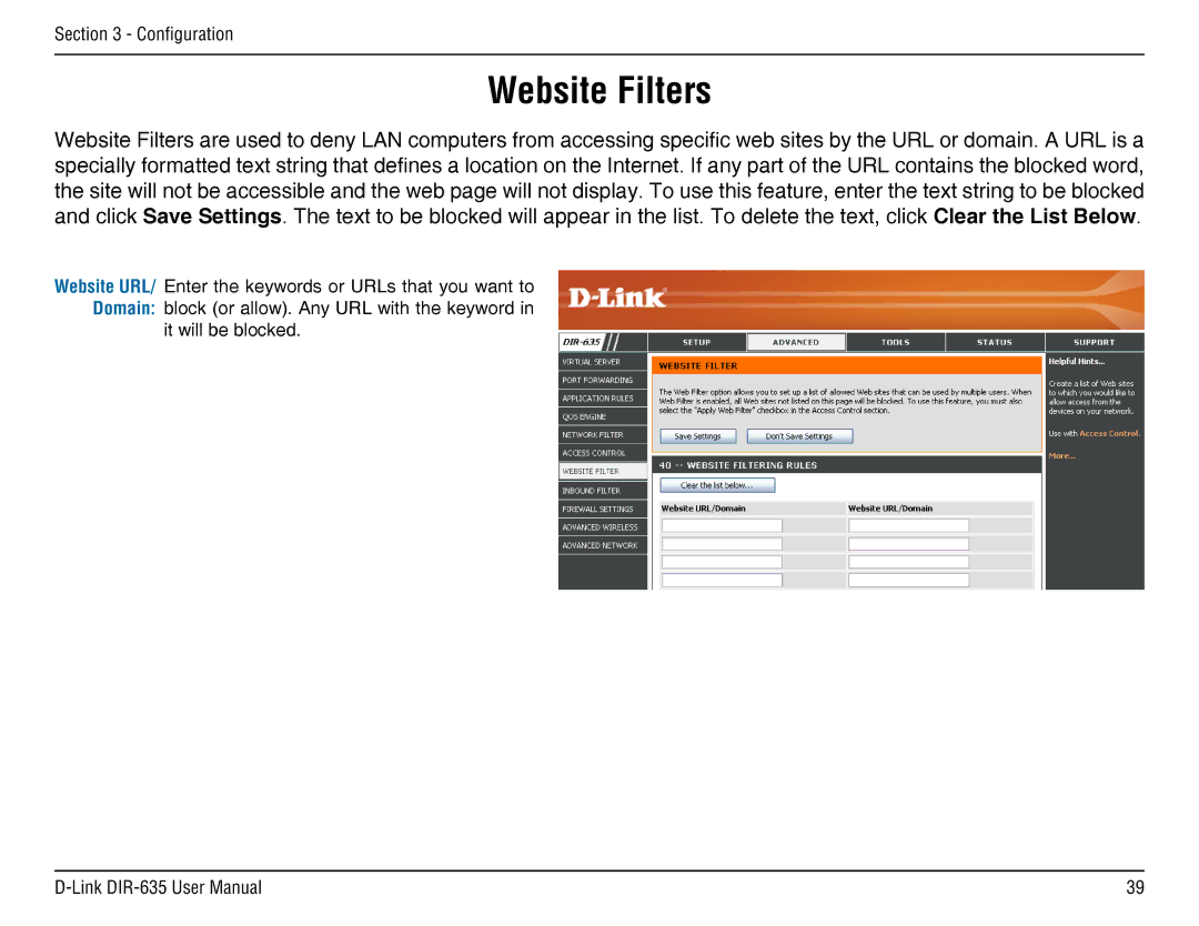 D-Link DIR-635 manual Website Filters 