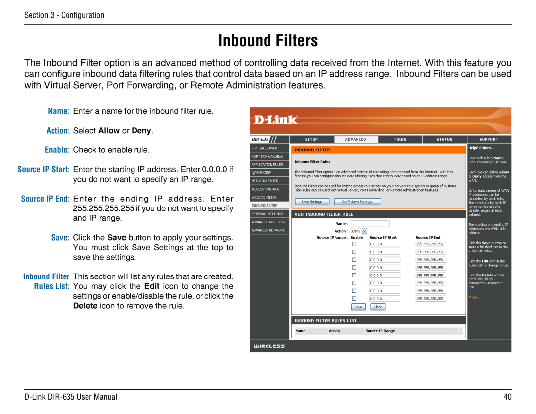 D-Link DIR-635 manual Inbound Filters 