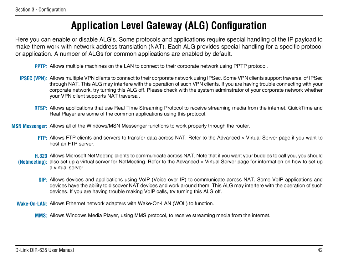 D-Link DIR-635 manual Application Level Gateway ALG Configuration 