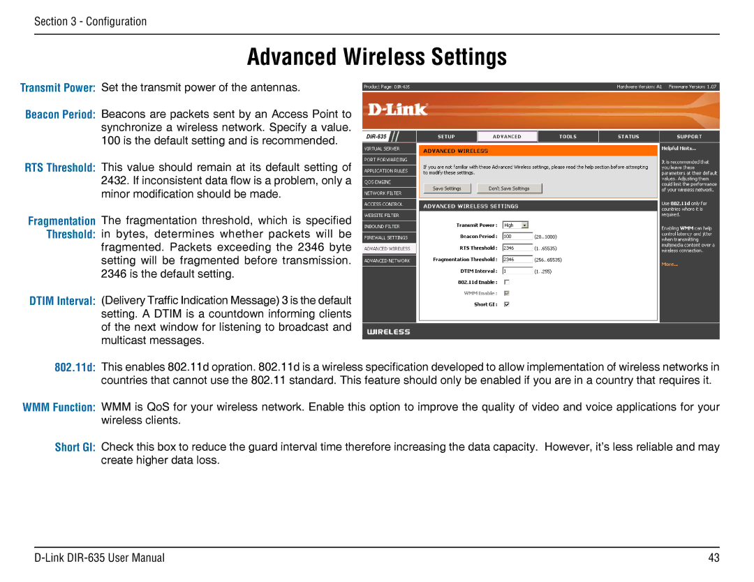 D-Link DIR-635 manual Advanced Wireless Settings 