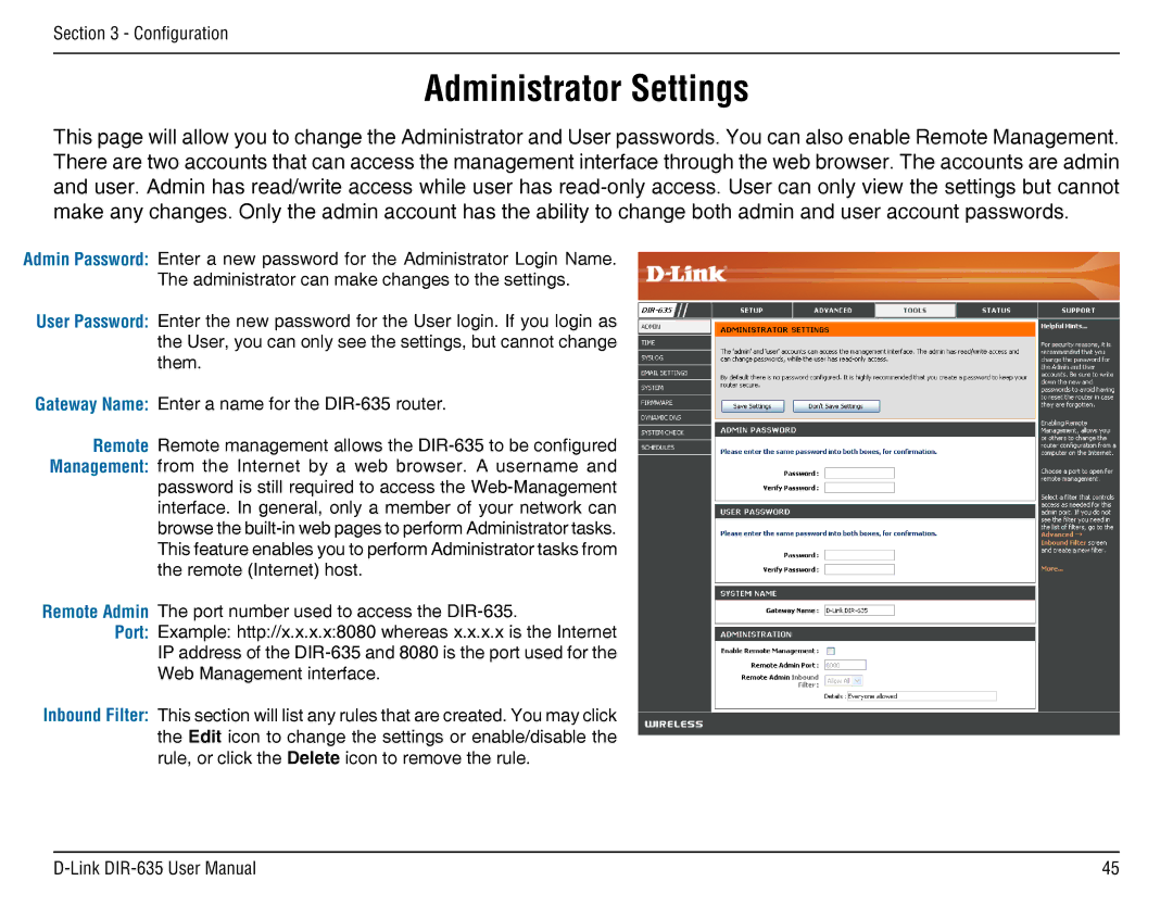 D-Link DIR-635 manual Administrator Settings 