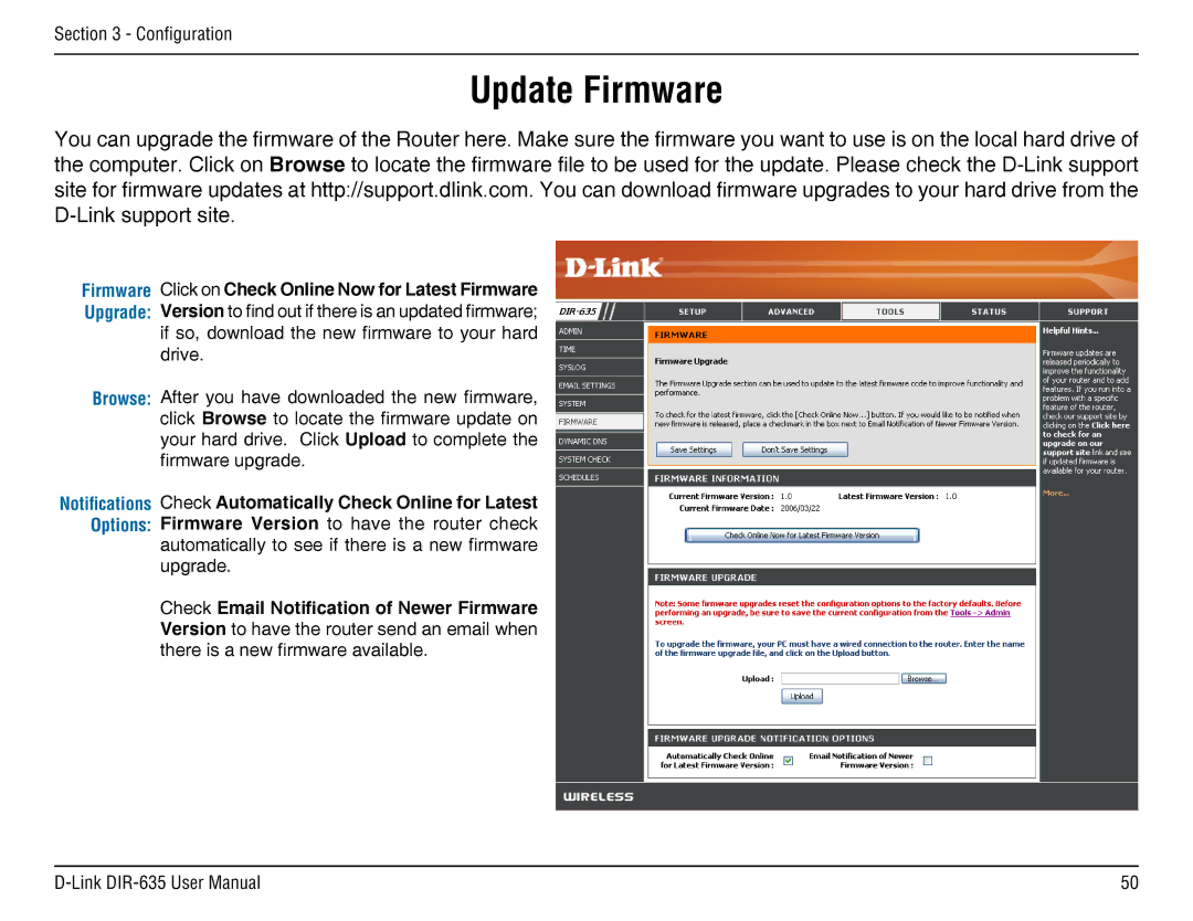 D-Link DIR-635 manual Update Firmware, Check Email Notification of Newer Firmware 