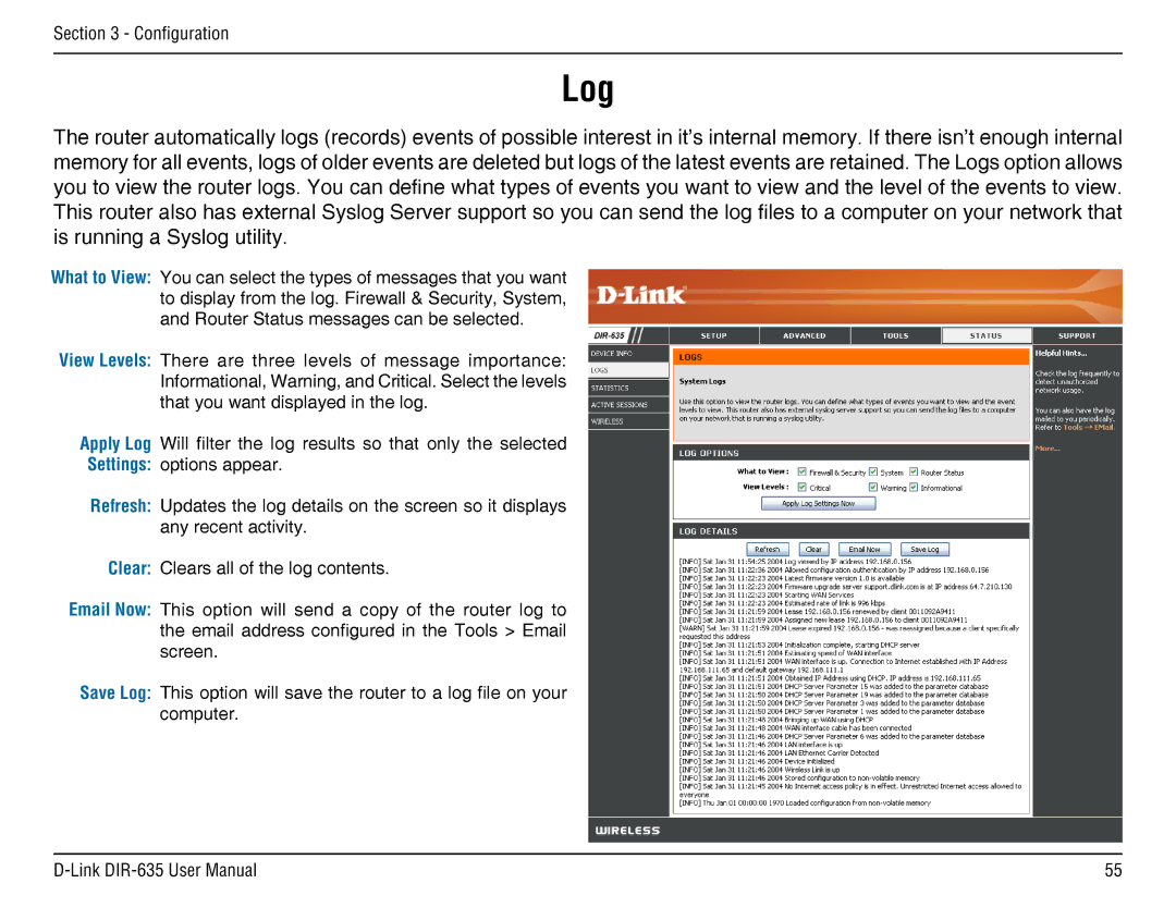 D-Link DIR-635 manual Log 