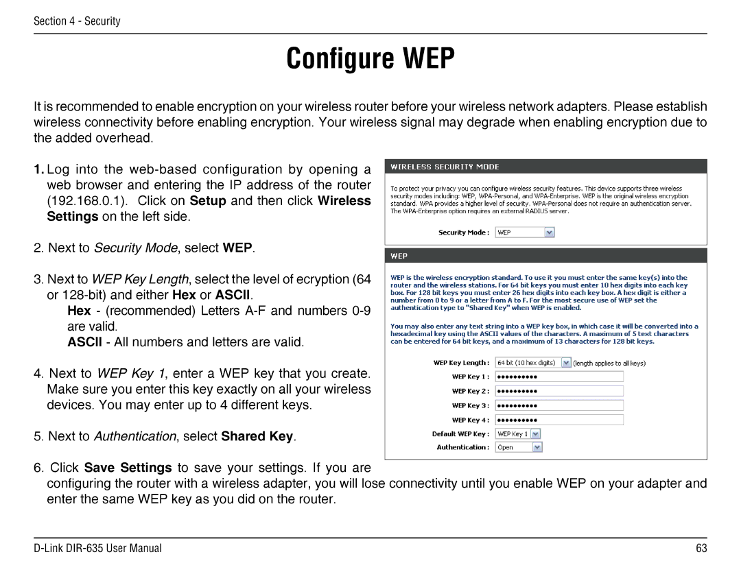 D-Link DIR-635 manual Configure WEP 