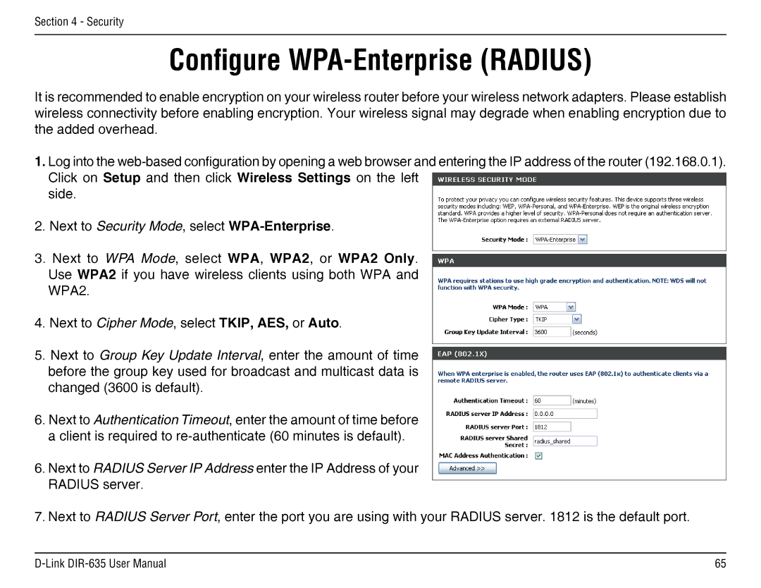 D-Link DIR-635 manual Configure WPA-Enterprise Radius, WPA2 