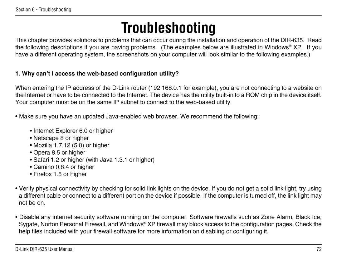 D-Link DIR-635 manual Troubleshooting, Why can’t I access the web-based configuration utility? 