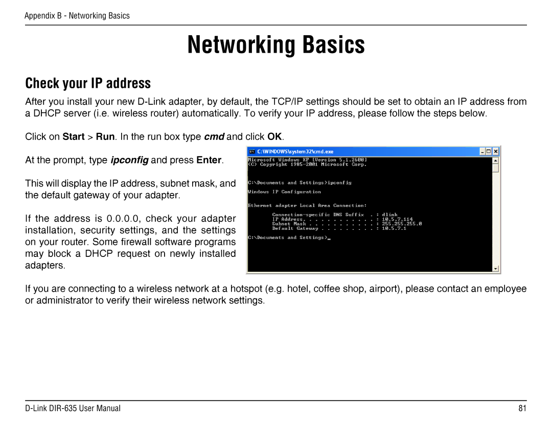 D-Link DIR-635 manual Networking Basics, Check your IP address 