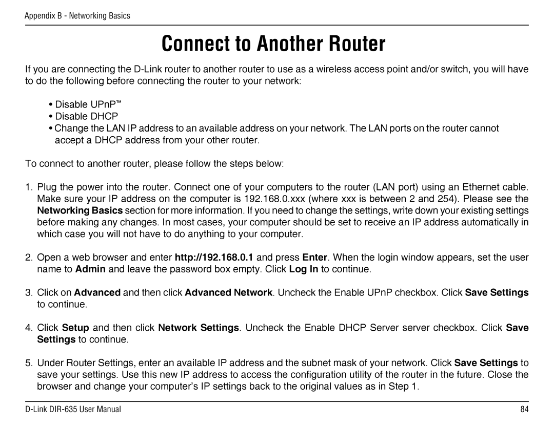 D-Link DIR-635 manual Connect to Another Router 