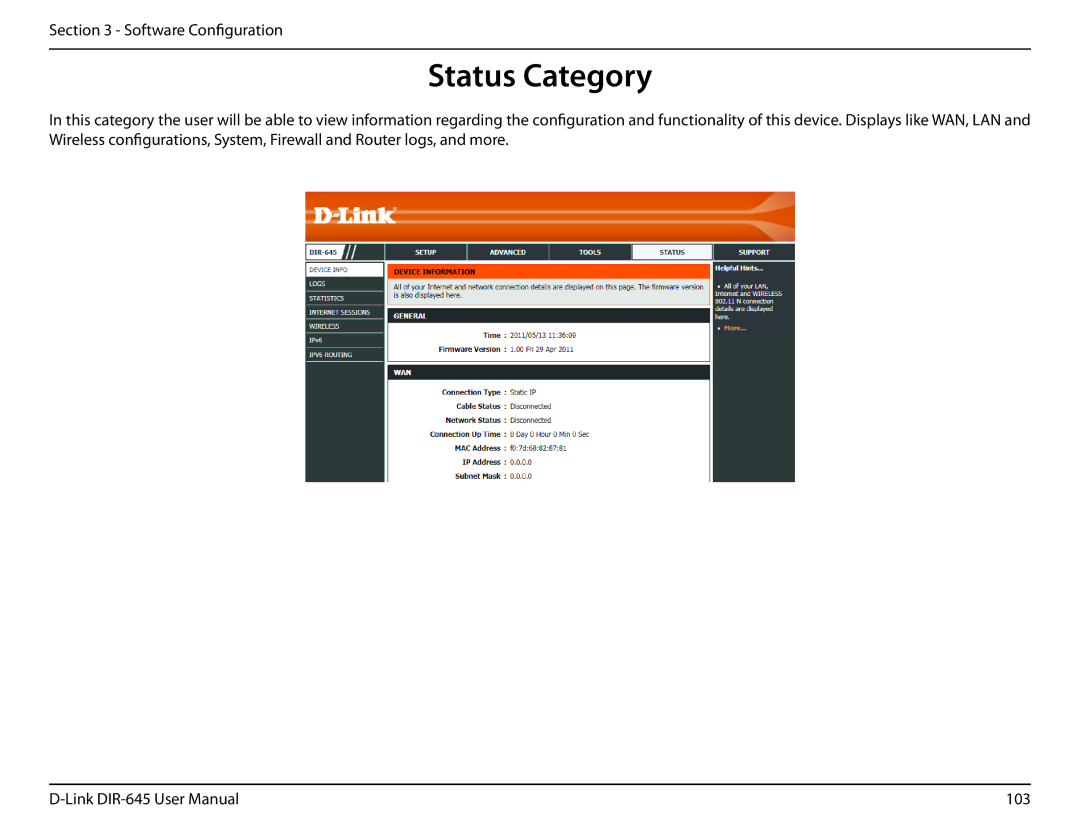 D-Link DIR-645 manual Status Category 