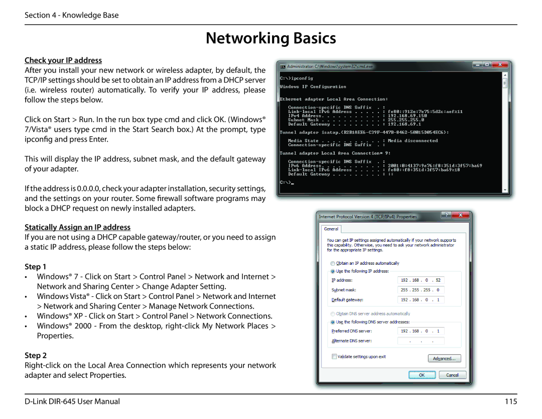 D-Link DIR-645 manual Networking Basics, Check your IP address, Statically Assign an IP address, Step 