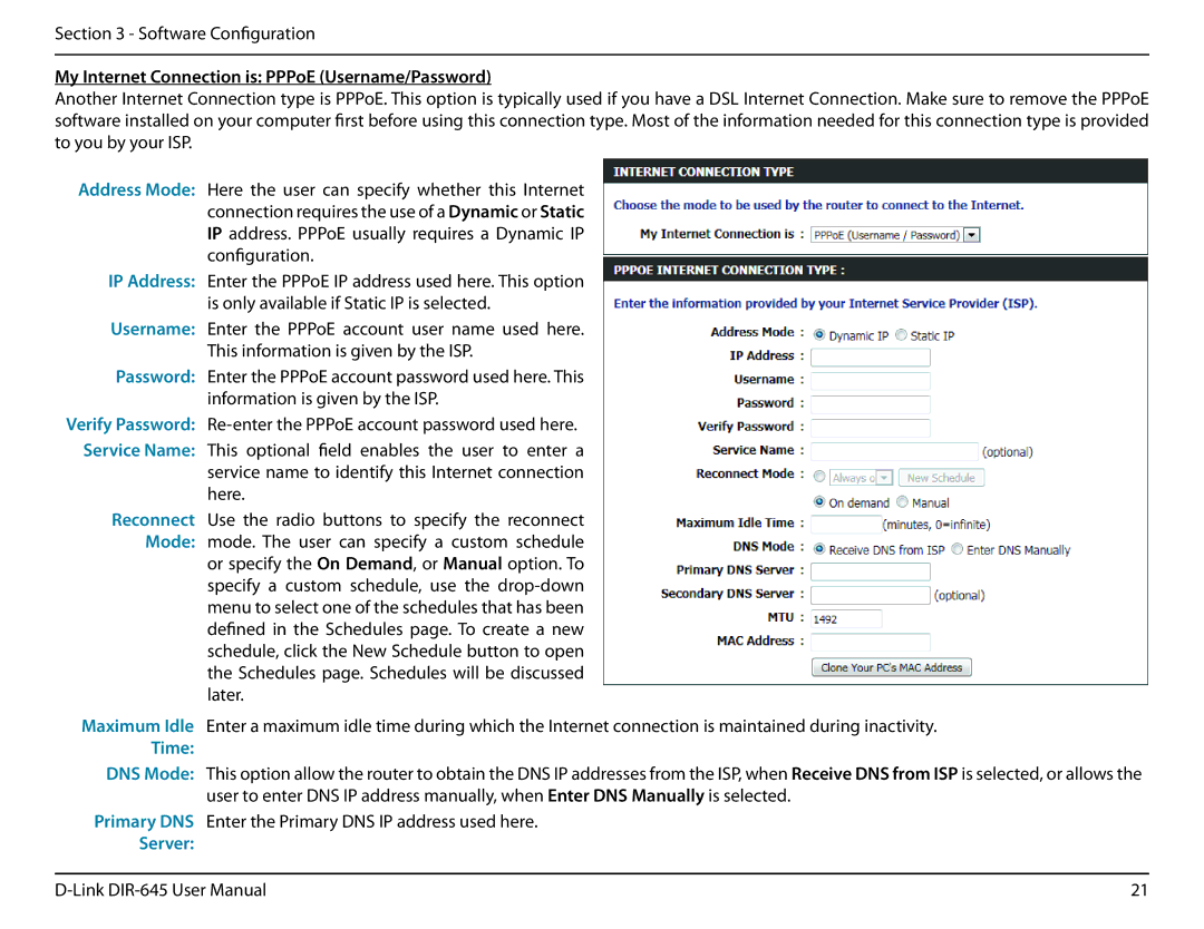 D-Link DIR-645 manual My Internet Connection is PPPoE Username/Password, Time, Server 