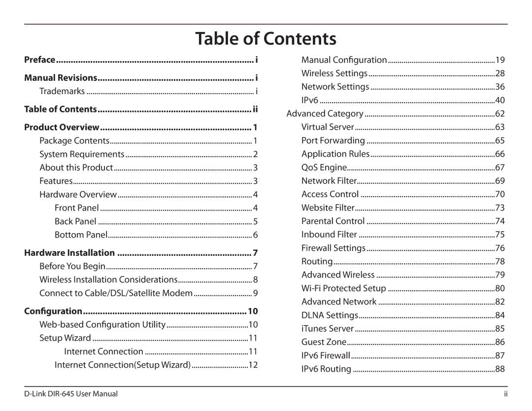 D-Link DIR-645 manual Table of Contents 