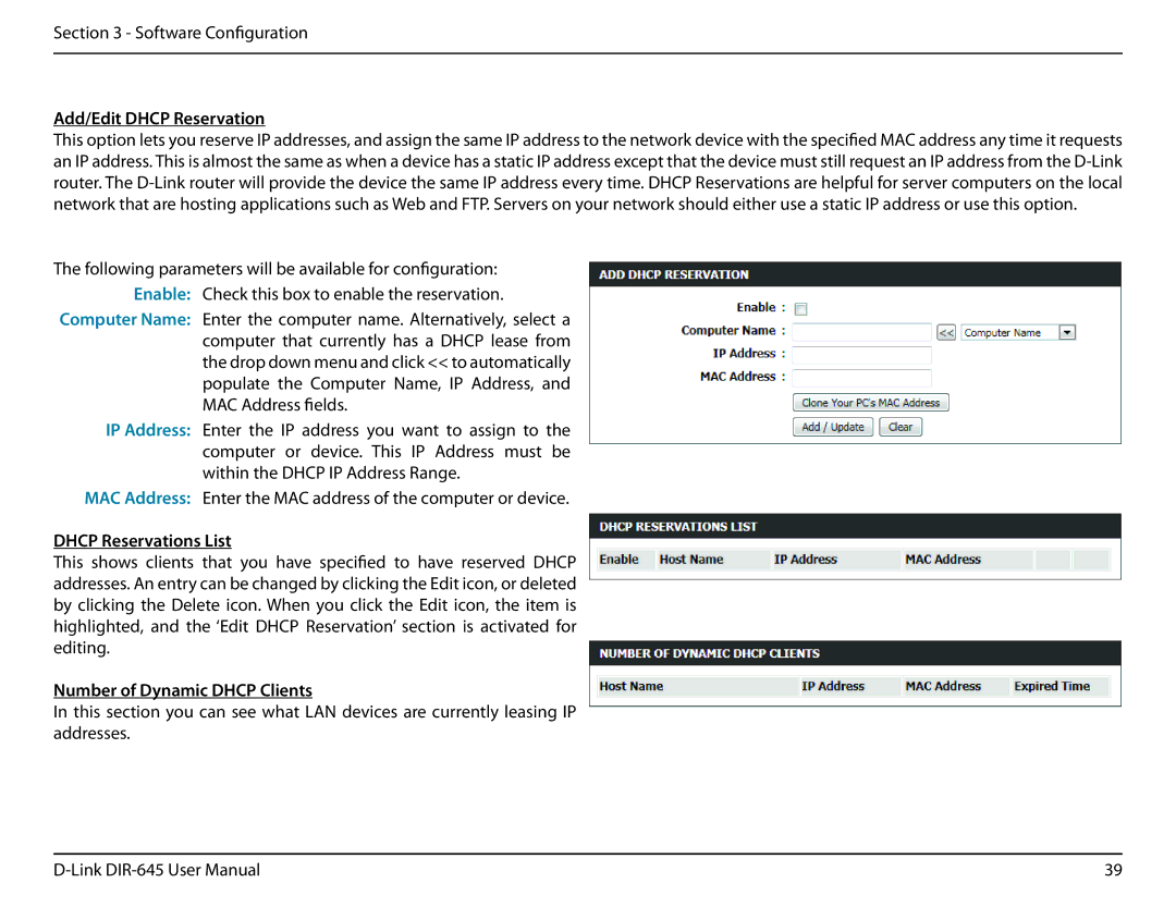 D-Link DIR-645 manual Add/Edit Dhcp Reservation, Dhcp Reservations List, Number of Dynamic Dhcp Clients 