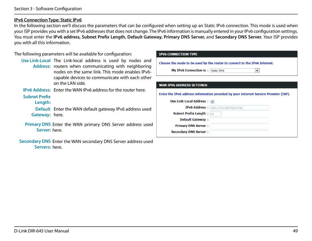 D-Link DIR-645 manual IPv6 Connection Type Static IPv6, Subnet Prefix Length, Gateway here, Server here, Servers here 