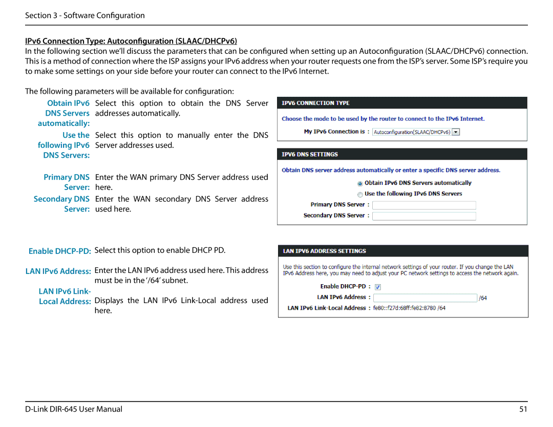 D-Link DIR-645 manual IPv6 Connection Type Autoconfiguration SLAAC/DHCPv6, LAN IPv6 Link 