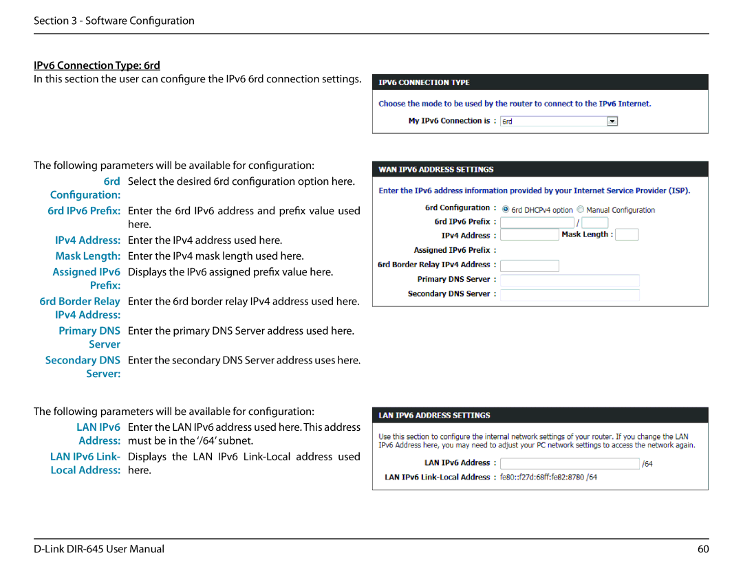 D-Link DIR-645 manual IPv6 Connection Type 6rd, Configuration, LAN IPv6 