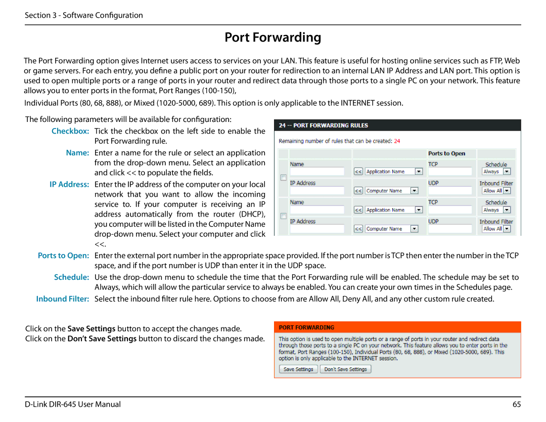 D-Link DIR-645 manual Port Forwarding 