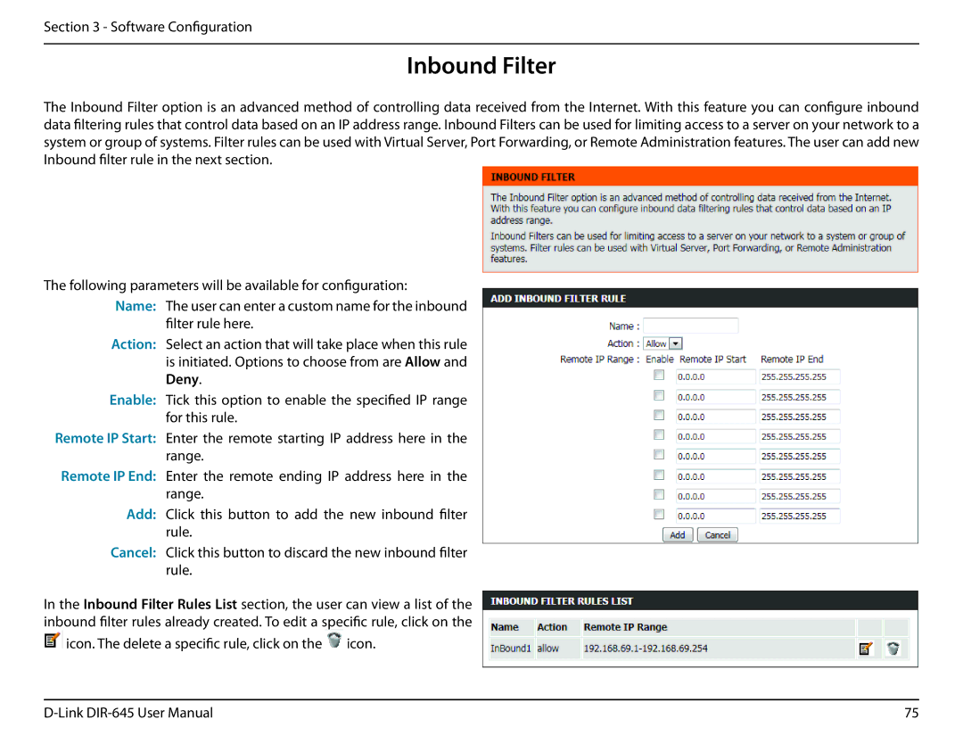 D-Link DIR-645 manual Inbound Filter 