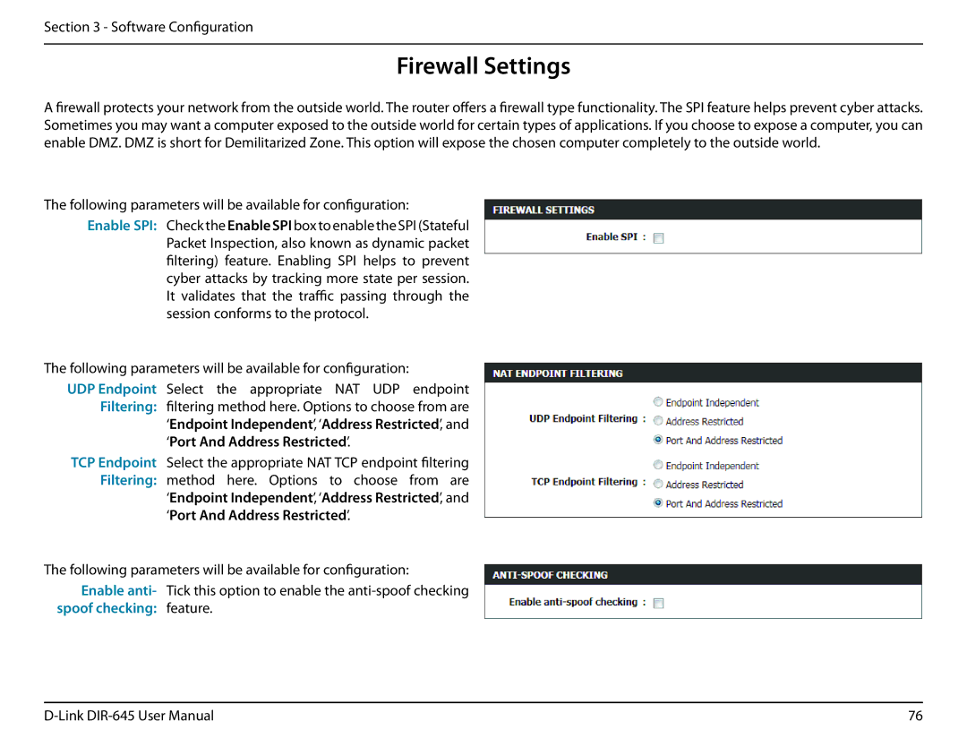 D-Link DIR-645 manual Firewall Settings, ‘Port And Address Restricted’ 