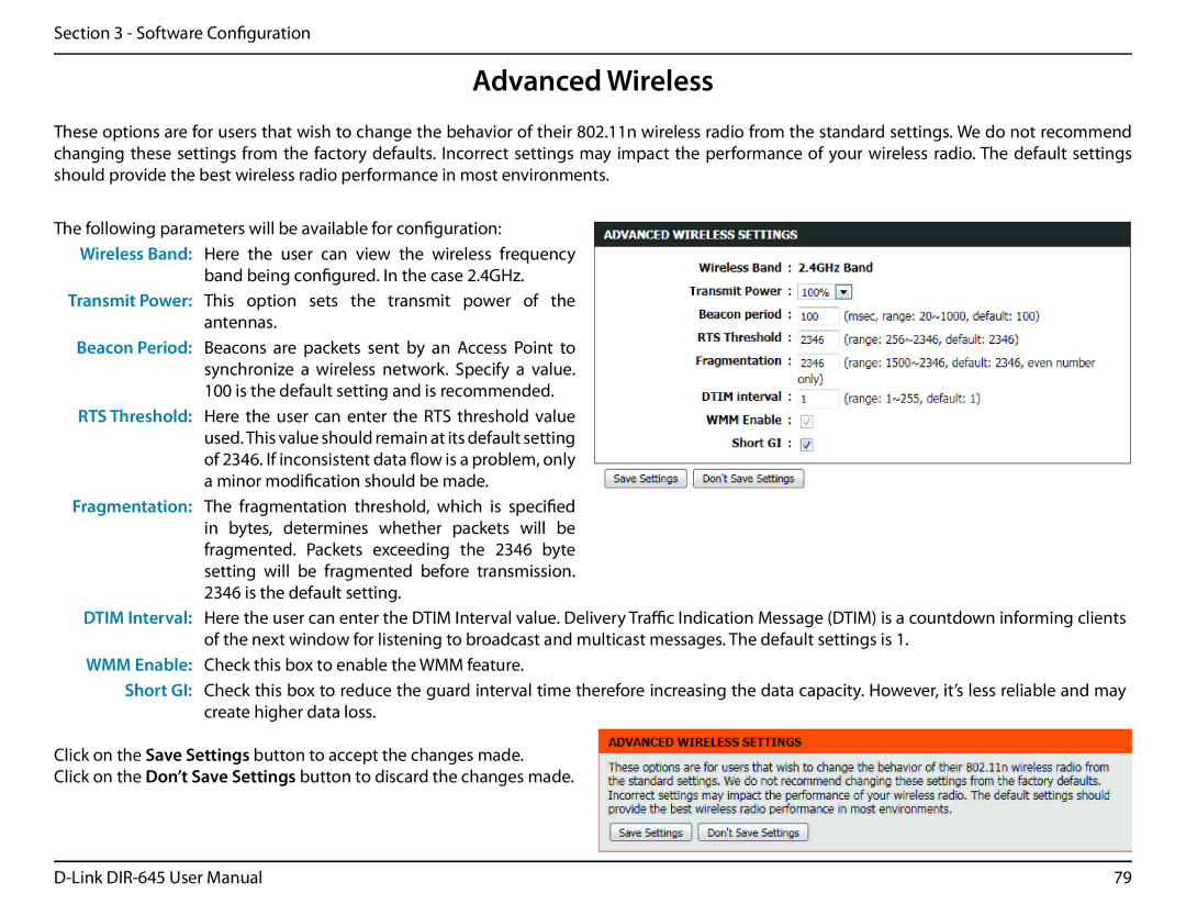 D-Link DIR-645 manual Advanced Wireless, Is the default setting and is recommended 