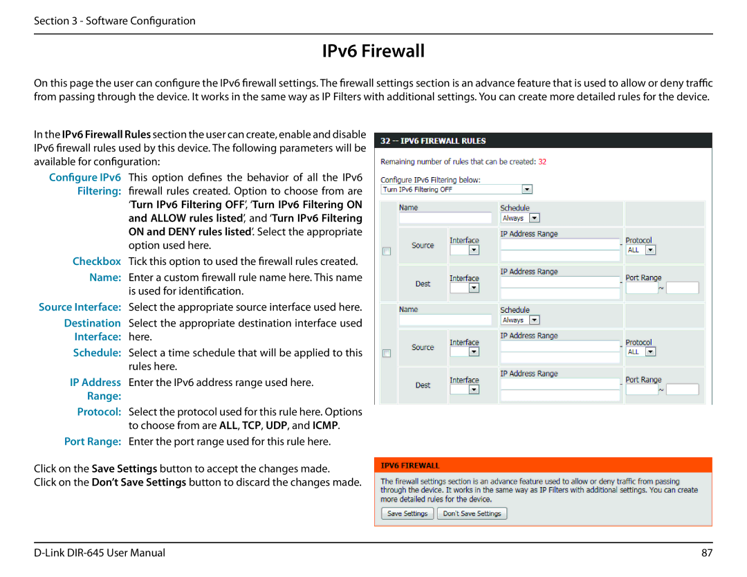 D-Link DIR-645 manual IPv6 Firewall, Range 