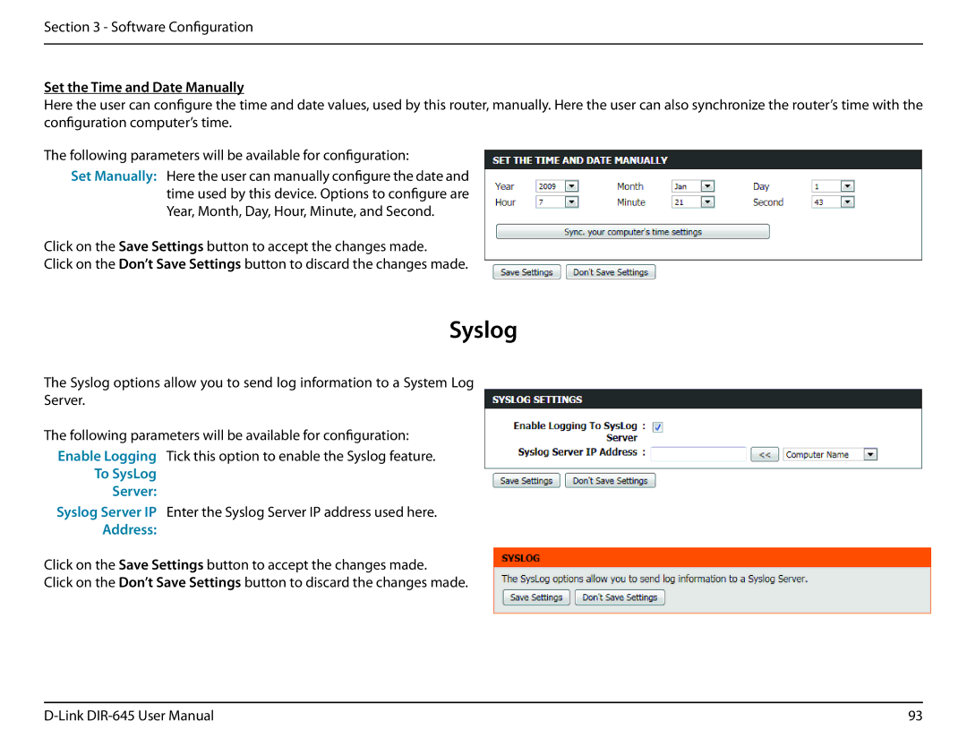 D-Link DIR-645 manual Syslog, Set the Time and Date Manually, To SysLog Server 