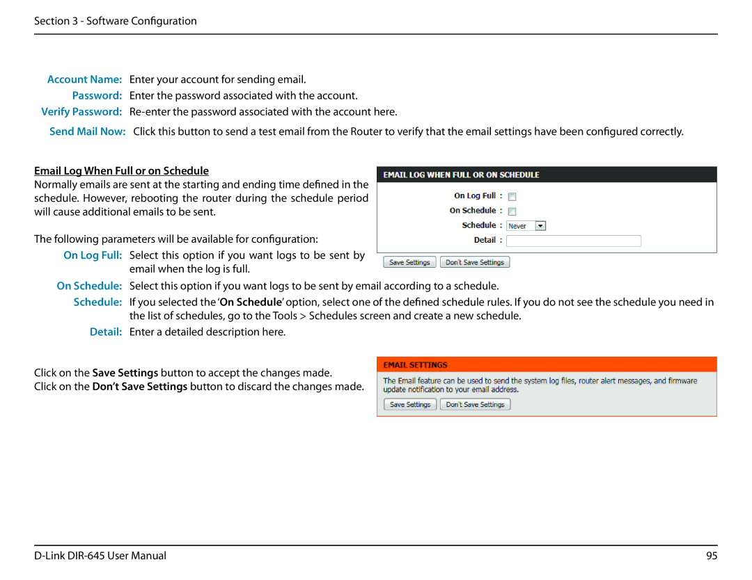 D-Link DIR-645 manual Password, Email Log When Full or on Schedule 