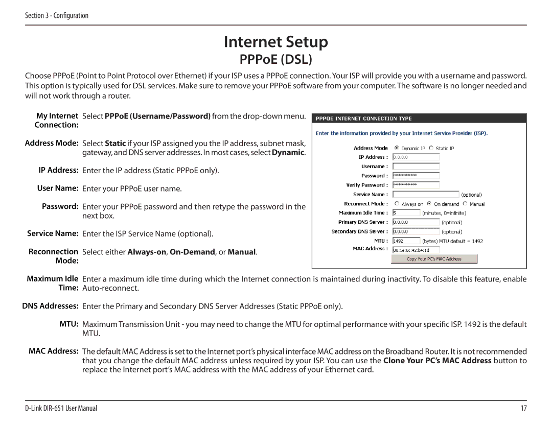 D-Link DIR-651 manual Internet Setup, PPPoE DSL 