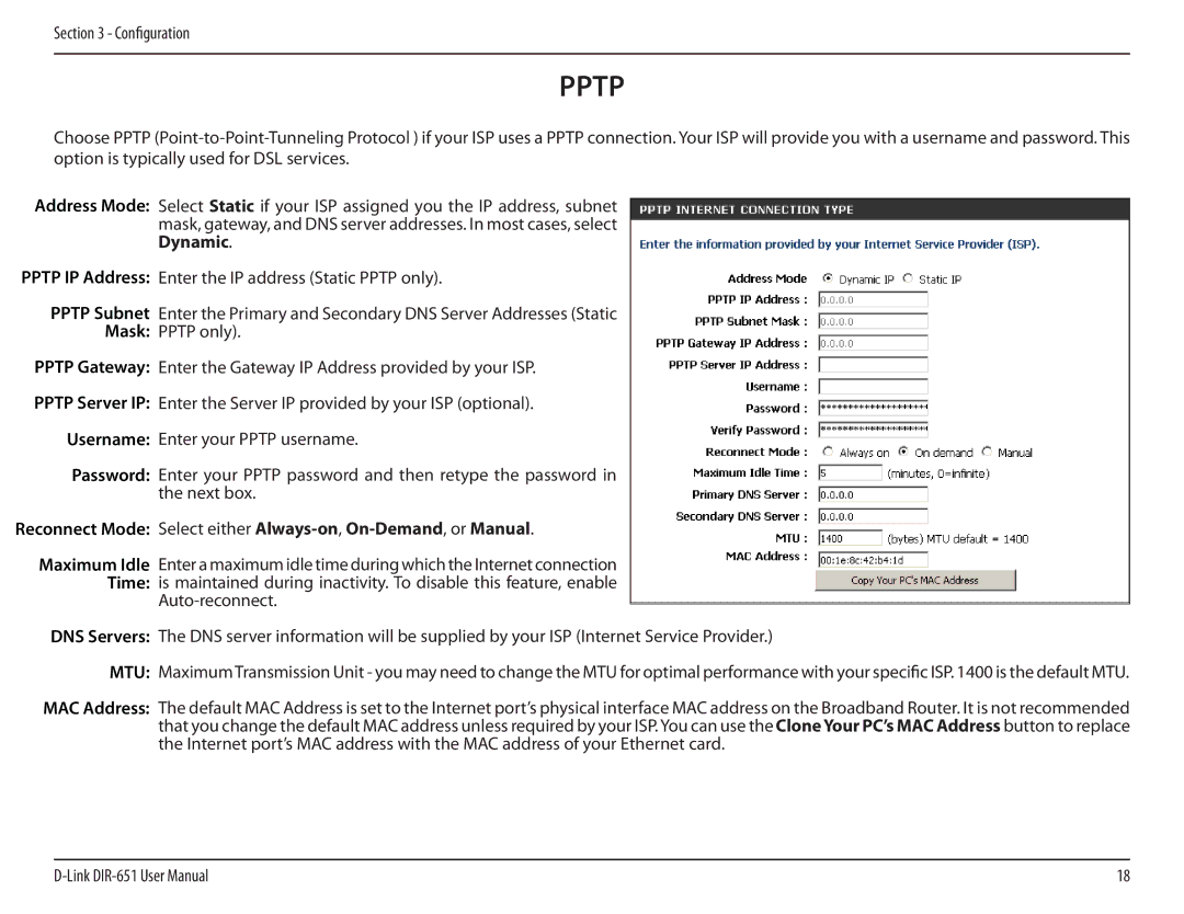 D-Link DIR-651 manual Pptp, Reconnect Mode Select either Always-on,On-Demand, or Manual 