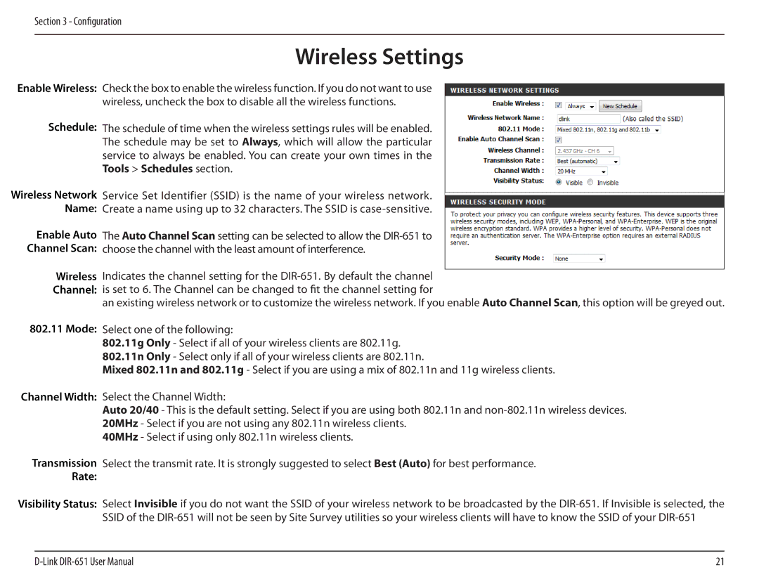 D-Link DIR-651 manual Wireless Settings, Schedule, Wireless Channel Mode Channel Width 