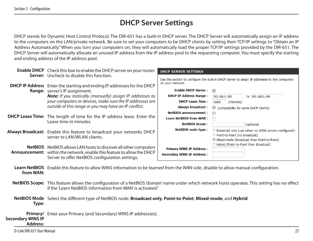 D-Link DIR-651 manual Enable Dhcp, From WAN, NetBIOS Mode, Type Primary, Address 