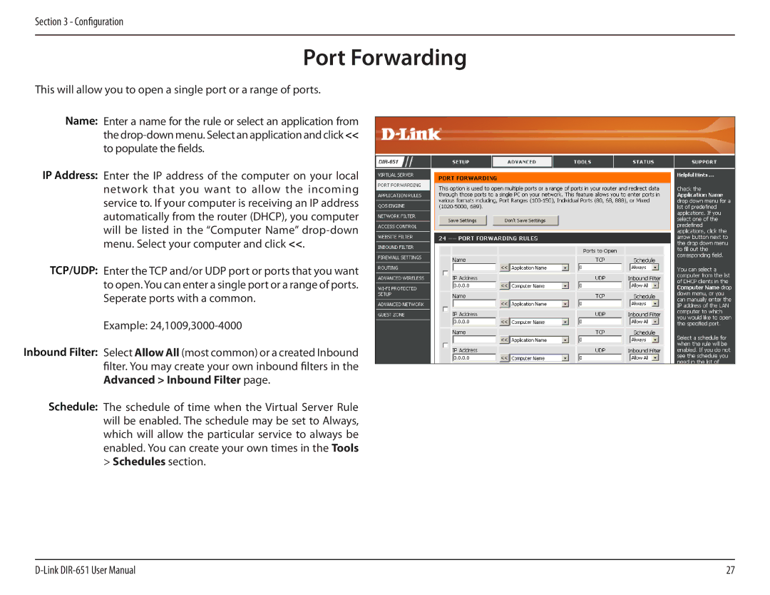 D-Link DIR-651 manual Port Forwarding 