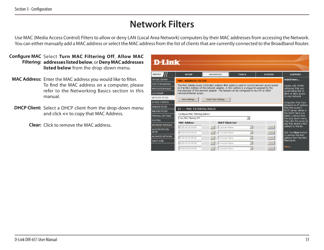 D-Link DIR-651 manual Network Filters 