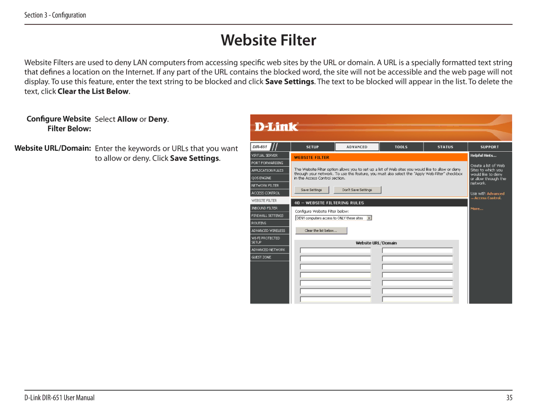 D-Link DIR-651 manual Website Filter, Configure Website Select Allow or Deny Filter Below 