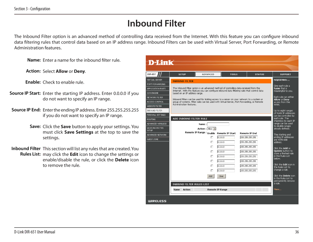 D-Link DIR-651 manual Inbound Filter, Action Select Allow or Deny 