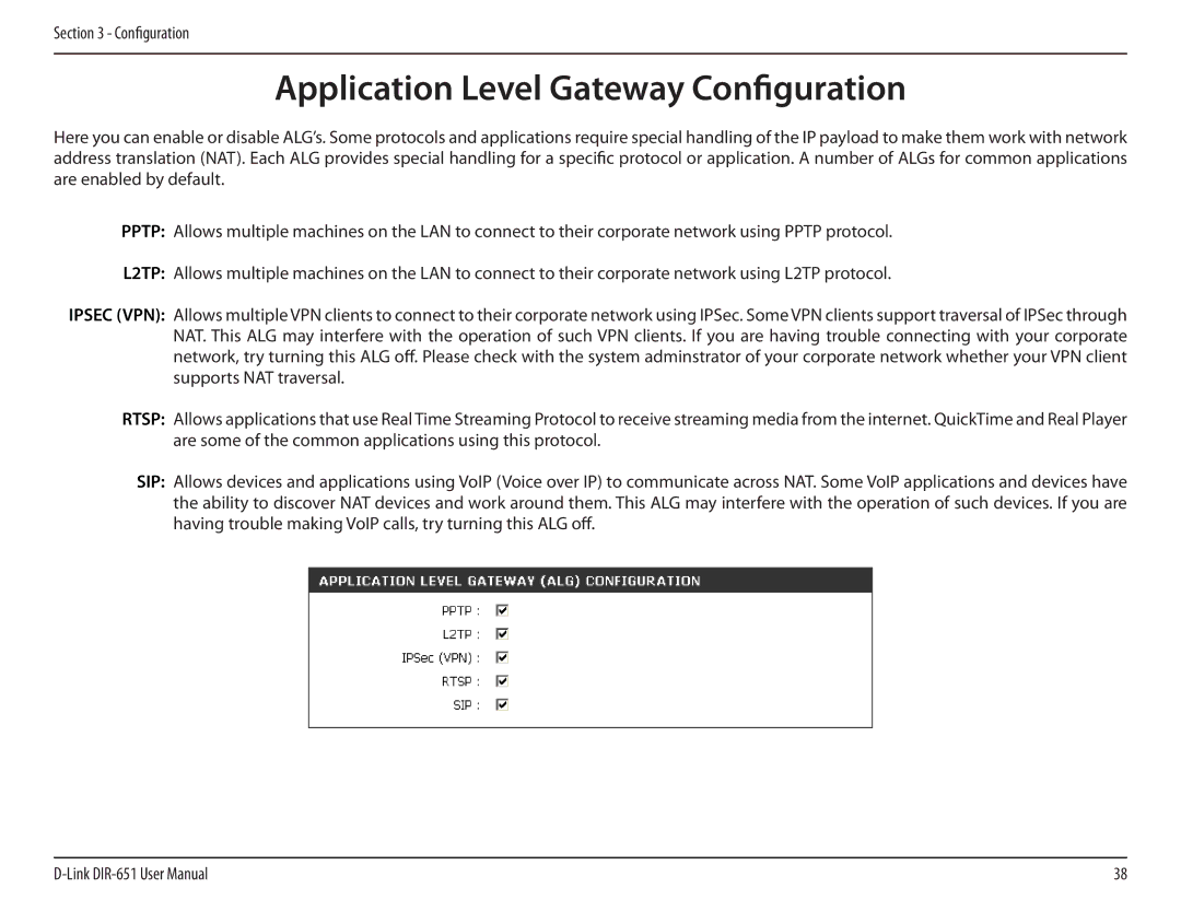 D-Link DIR-651 manual Application Level Gateway Configuration 