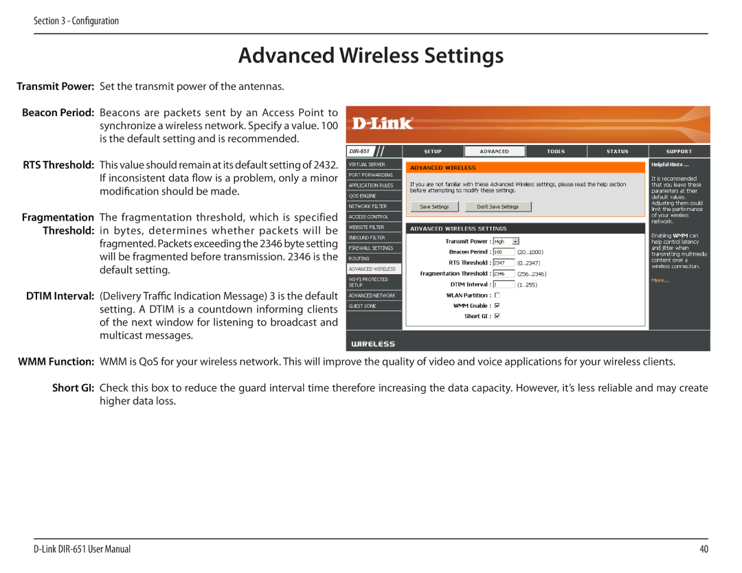 D-Link DIR-651 manual Advanced Wireless Settings, Transmit Power Set the transmit power of the antennas 