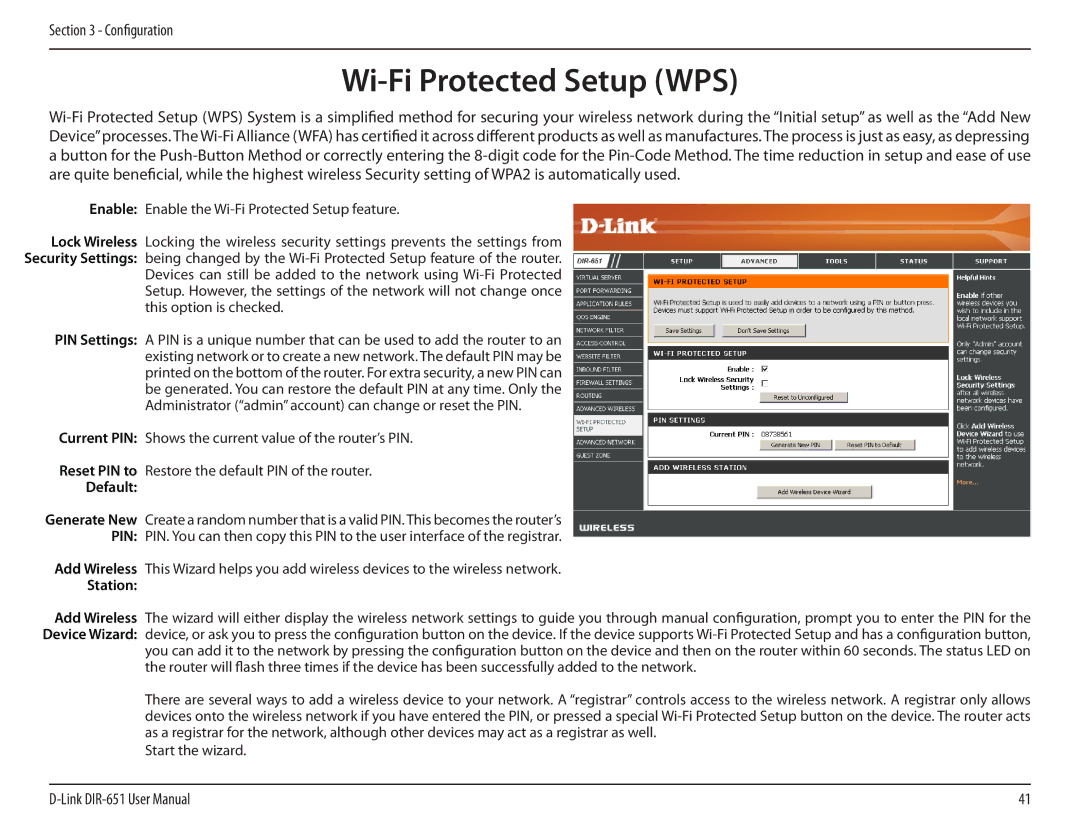 D-Link DIR-651 manual Wi-Fi Protected Setup WPS, Enable Enable the Wi-Fi Protected Setup feature 