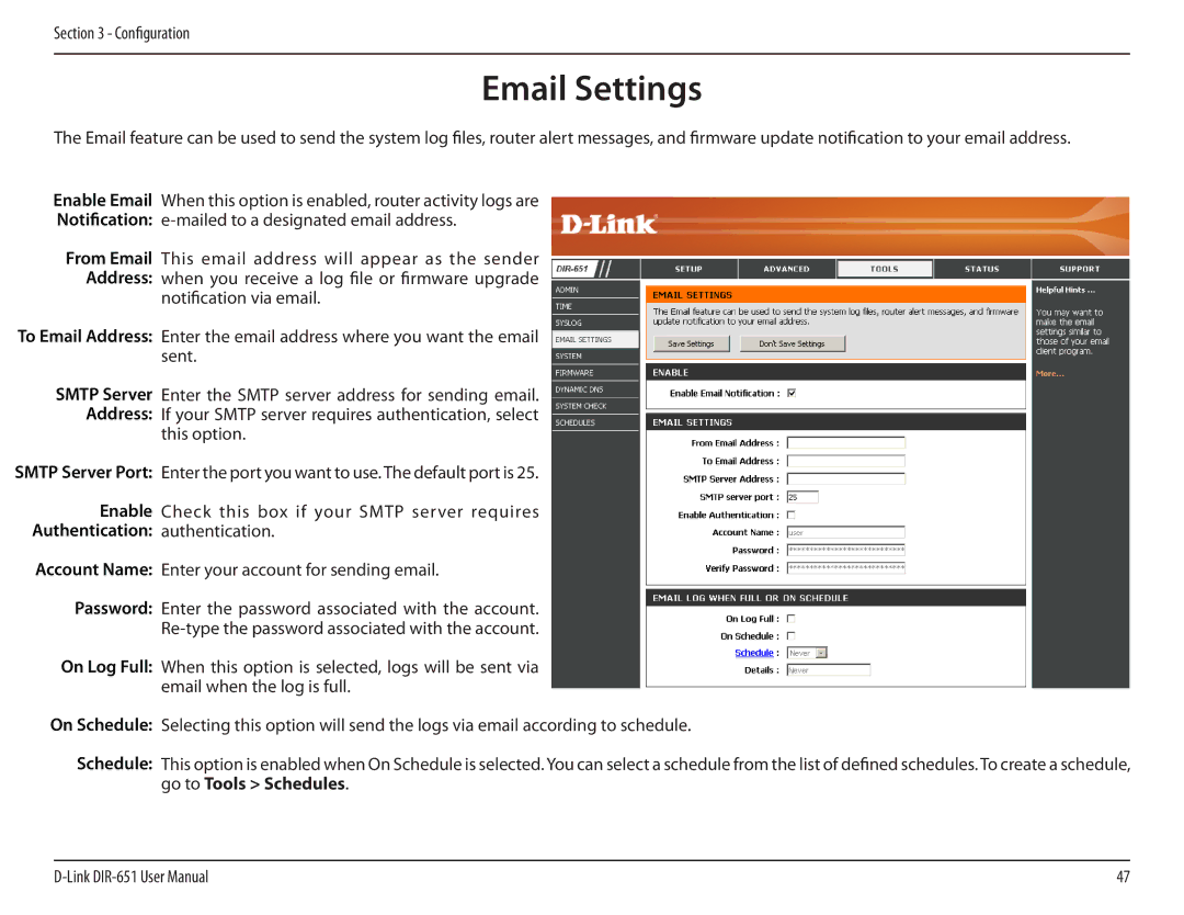 D-Link DIR-651 manual Email Settings, Authentication authentication 