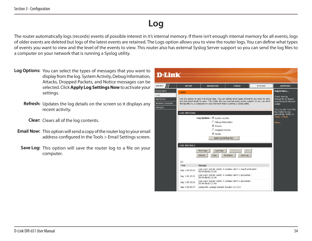 D-Link DIR-651 manual Refresh, Save Log 