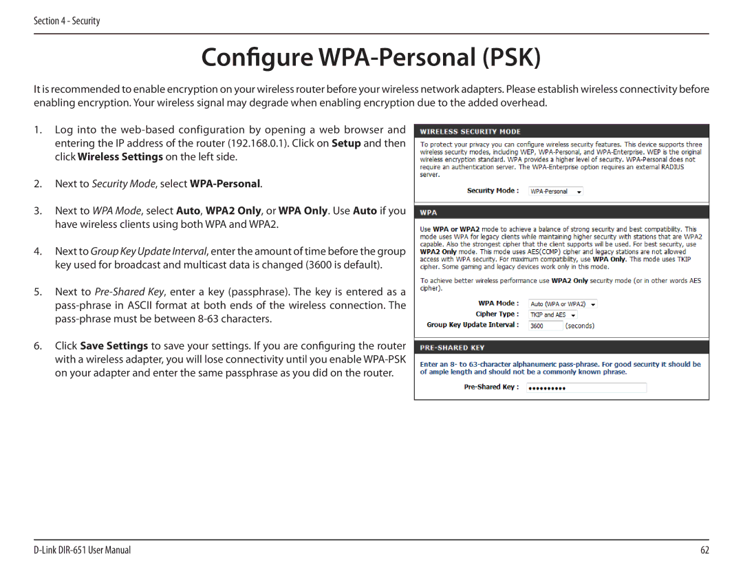 D-Link DIR-651 manual Configure WPA-Personal PSK 